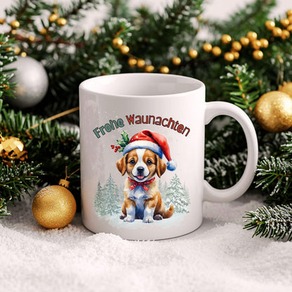 Lustige Weihnachtstasse mit Hundemotiv und Spruch „Frohe Waunachten“ – perfekt als Weihnachtsgeschenk für Hundefreunde, Kollegen, Familie oder Freunde. Die Keramiktasse zeigt einen süßen Welpen mit Weihnachtsmütze, Geschenk und Tannenwald – ideal für den Advent, Nikolaus oder als Wichtelgeschenk. Geschenkidee für Hundebesitzer zu Weihnachten. Hochwertiger Druck, langlebig und farbenfroh. Wintertasse für Kaffee, Tee, Kakao oder Glühwein mit liebevollem Hundedesign und festlicher Stimmung.