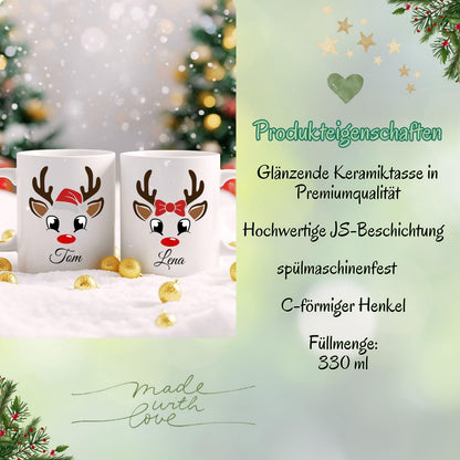 Weihnachtstasse mit Rentier und Namen personalisierbar – perfekte Geschenkidee für Freundin, Partner, Kind oder Familienmitglied. Die Tasse zeigt ein süßes Rentier mit Schleife oder Weihnachtsmütze und kann individuell mit einem Wunschnamen gestaltet werden. Ideal als kleines Weihnachtsgeschenk, Wichtelgeschenk oder Nikolauspräsent. Hochwertige Keramiktasse mit festlichem Design, langlebigem Druck und ideal für Kaffee, Tee, Kakao oder Punsch – für festliche Wintermomente mit persönlicher Note.