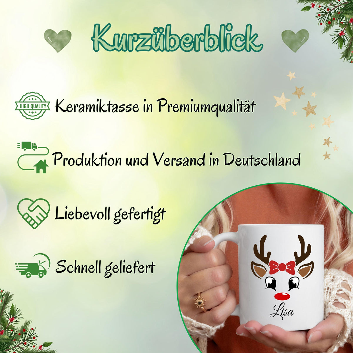 Weihnachtstasse mit Rentier und Namen personalisierbar – perfekte Geschenkidee für Freundin, Partner, Kind oder Familienmitglied. Die Tasse zeigt ein süßes Rentier mit Schleife oder Weihnachtsmütze und kann individuell mit einem Wunschnamen gestaltet werden. Ideal als kleines Weihnachtsgeschenk, Wichtelgeschenk oder Nikolauspräsent. Hochwertige Keramiktasse mit festlichem Design, langlebigem Druck und ideal für Kaffee, Tee, Kakao oder Punsch – für festliche Wintermomente mit persönlicher Note.