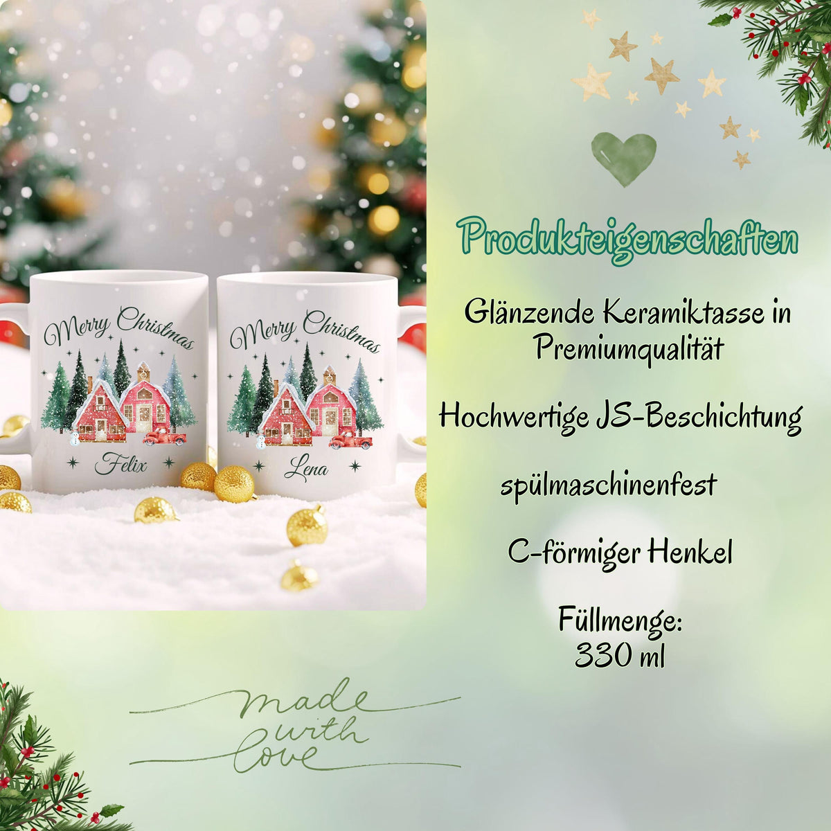 Personalisierte Weihnachtstasse mit Weihnachtsdorf-Motiv, dekoriert mit verschneiten Häusern, Tannenbäumen, rotem Auto und dem Schriftzug „Merry Christmas“. Unten lässt sich der Name individuell einfügen. Die festliche Keramiktasse ist ideal als Weihnachtsgeschenk für Familie, Freunde oder Kolleg:innen. Perfekt geeignet als Wichtelgeschenk, Geschenkidee für die Adventszeit oder als liebevoll gestalteter Winterbecher mit Namenspersonalisierung, für festliche Momente mit Herz und Stil.