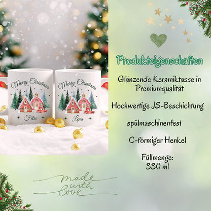 Personalisierte Weihnachtstasse mit Weihnachtsdorf-Motiv, dekoriert mit verschneiten Häusern, Tannenbäumen, rotem Auto und dem Schriftzug „Merry Christmas“. Unten lässt sich der Name individuell einfügen. Die festliche Keramiktasse ist ideal als Weihnachtsgeschenk für Familie, Freunde oder Kolleg:innen. Perfekt geeignet als Wichtelgeschenk, Geschenkidee für die Adventszeit oder als liebevoll gestalteter Winterbecher mit Namenspersonalisierung, für festliche Momente mit Herz und Stil.