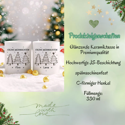 Weiße Keramiktasse mit festlichem Weihnachtsdesign, bestehend aus drei Tannenbäumen in Schwarz-Weiß. Darüber steht der Schriftzug „Frohe Weihnachten“ in Großbuchstaben, darunter ein personalisierter Name. Die minimalistische Gestaltung macht die Tasse zu einem tollen Begleiter durch die Adventszeit. Ideal als personalisierbares Weihnachtsgeschenk für Partner, Kinder, Freunde oder Familie. Perfekt als Nikolausgeschenk, für den Adventskalender oder als liebevolle Wichtelidee mit persönlicher Note.
