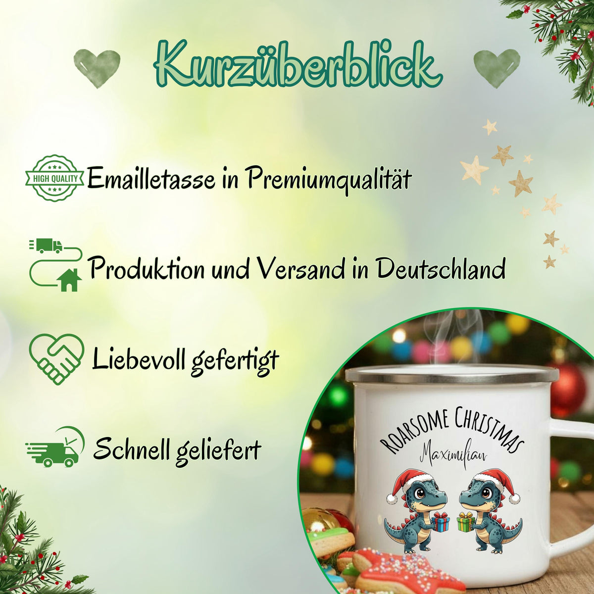 Personalisierte Emaille Weihnachtstasse für Kinder mit Namen und Dinosaurier. Zwei Dinos mit Weihnachtsmützen und Geschenken sorgen für festliche Stimmung. Diese bruchsichere Kindertasse aus Emaille ist leicht, robust und ideal für kleine Hände. Perfekt als Kakao-Tasse im Advent, Weihnachtsgeschenk für Kinder, Nikolaus-Mitbringsel oder festliches Accessoire. Ideal für kleine Dino-Fans, Kindergartenkinder oder den Adventskalender. Emailletasse mit Weihnachtsmotiv, personalisierbar mit Wunschnamen