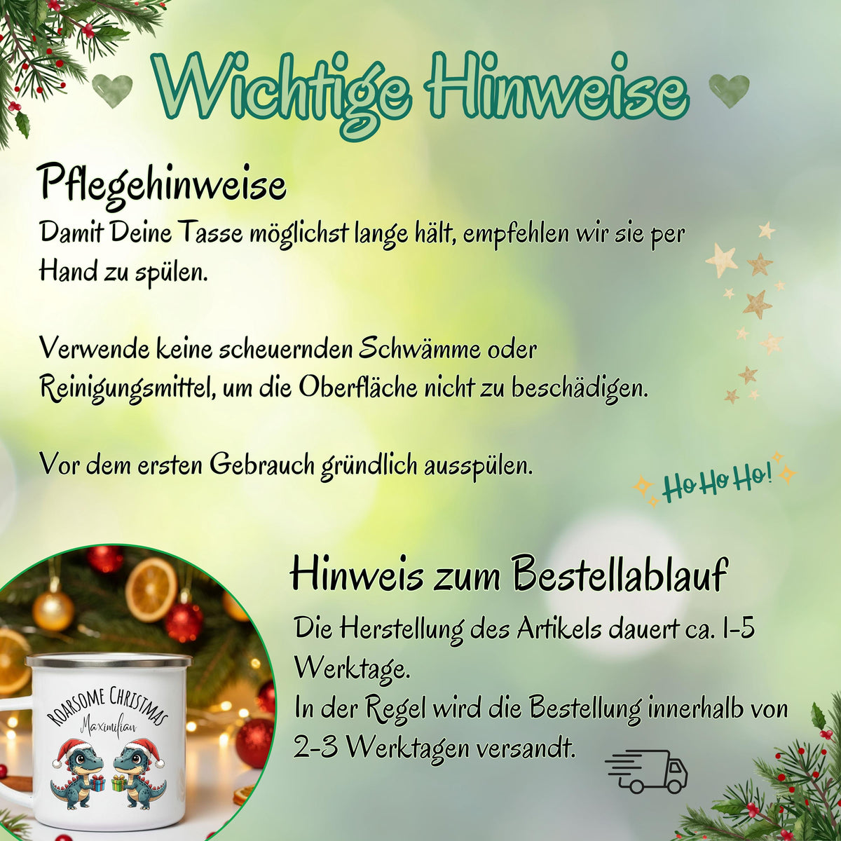 Personalisierte Emaille Weihnachtstasse für Kinder mit Namen und Dinosaurier. Zwei Dinos mit Weihnachtsmützen und Geschenken sorgen für festliche Stimmung. Diese bruchsichere Kindertasse aus Emaille ist leicht, robust und ideal für kleine Hände. Perfekt als Kakao-Tasse im Advent, Weihnachtsgeschenk für Kinder, Nikolaus-Mitbringsel oder festliches Accessoire. Ideal für kleine Dino-Fans, Kindergartenkinder oder den Adventskalender. Emailletasse mit Weihnachtsmotiv, personalisierbar mit Wunschnamen