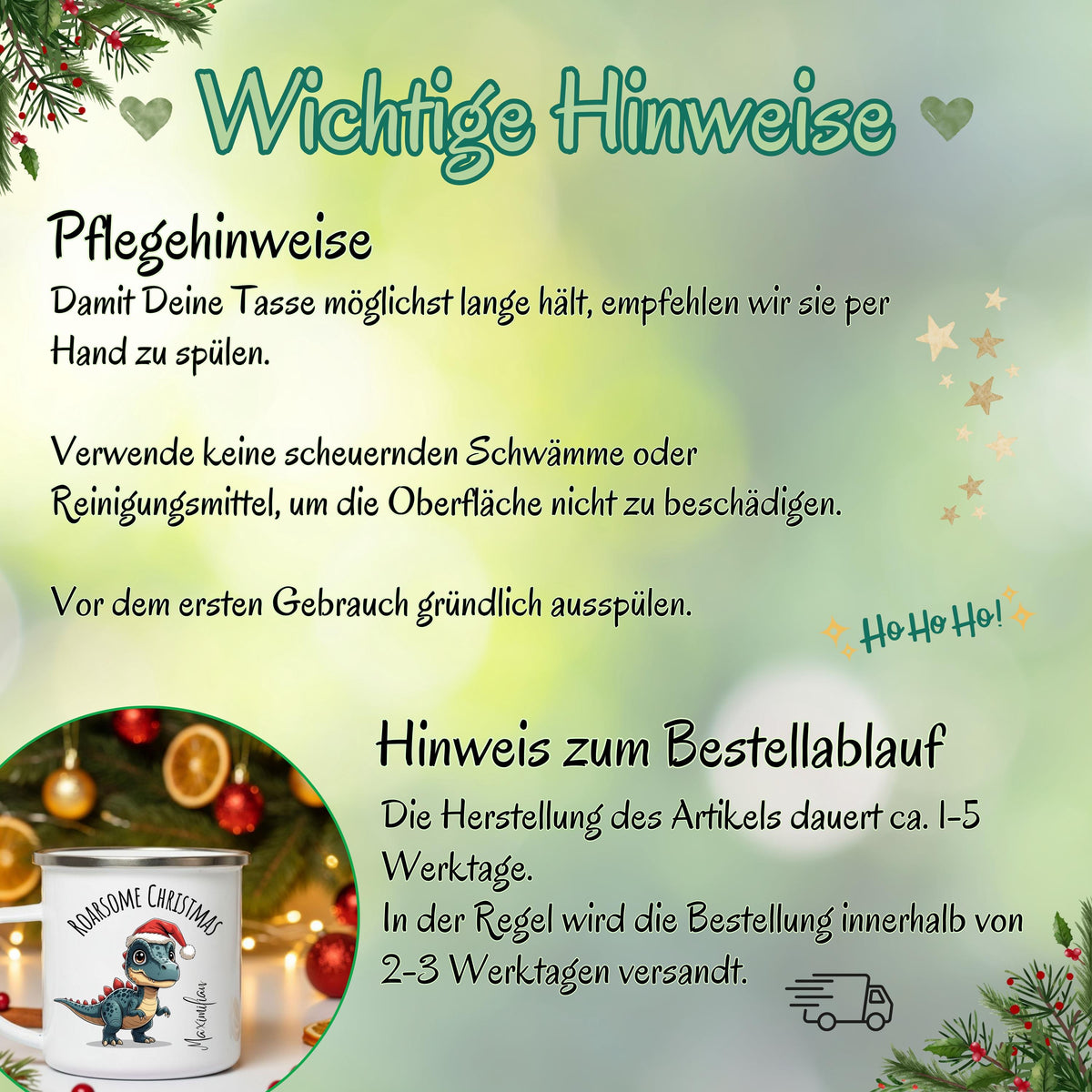 Personalisierte Emailletasse für Kinder mit Weihnachtsmotiv: Ein süßer Dino mit Weihnachtsmütze steht im Zentrum, darüber der Schriftzug „Roarsome Christmas“, darunter ein individualisierbarer Name. Perfekt als Geschenkidee für Jungen und Mädchen zu Weihnachten. Die Emailletasse ist leicht, robust und ideal für Kinderhände – ideal für Kakao, Tee oder warmen Kinderpunsch. Weihnachtsgeschenk mit persönlicher Note für kleine Dino-Fans, liebevoll gestaltet und nachhaltig produziert in Deutschland.