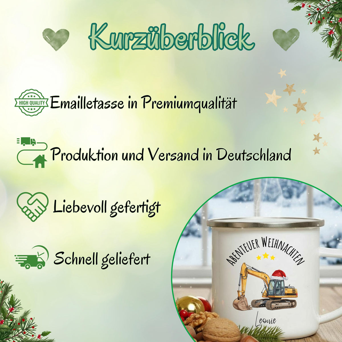 Personalisierte Emailletasse für Kinder mit weihnachtlichem Baustellenmotiv: Ein gelber Bagger mit Weihnachtsmütze, darüber der Schriftzug „Abenteuer Weihnachten“ mit Namen. Ideal als Geschenkidee für Kinder, Jungen oder kleine Baustellen-Fans. Diese Emailletasse ist bruchsicher, leicht und perfekt für kleine Hände – geeignet für Kakao, Tee oder Kinderpunsch. Weihnachtsgeschenk mit persönlicher Note, liebevoll gestaltet – ein festlicher Alltagsbegleiter für Kinder in der Winterzeit.
