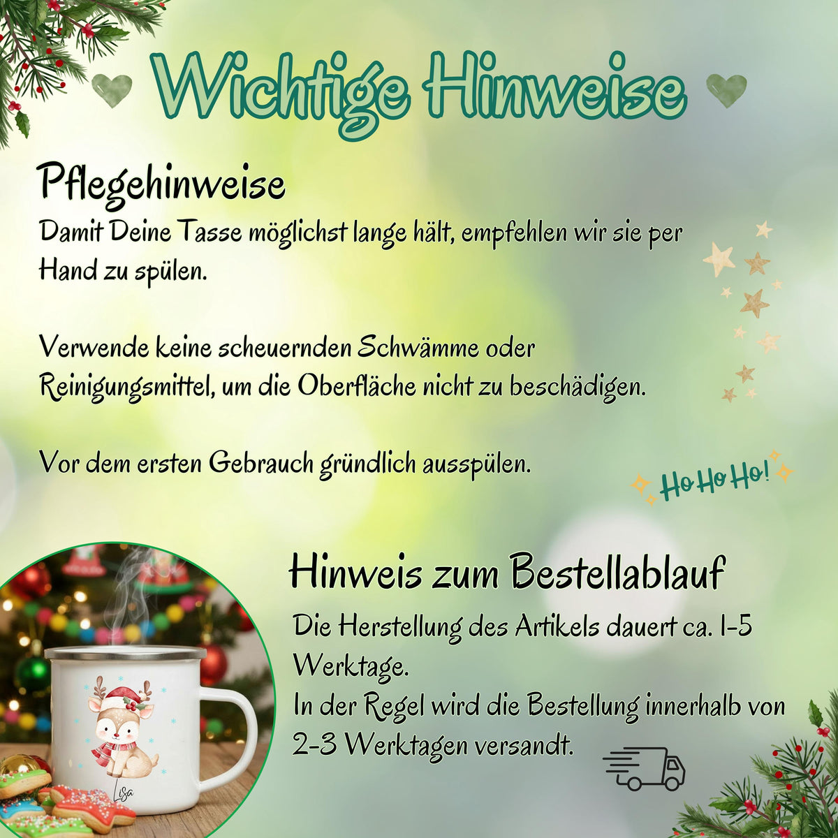 Emaille Kindertasse Weihnachten personalisiert mit Reh Motiv und Wunschnamen. Die winterliche Tasse zeigt ein niedliches Rentier mit rotem Schal und Weihnachtsmütze, umgeben von Schneeflocken – perfekt als Weihnachtsgeschenk für Kinder. Der Name macht die Tasse einzigartig und sorgt für festliche Stimmung. Ideal für Kakao, Tee oder Milch in der Winterzeit. Robuste, bruchsichere Emaille – ein liebevolles, langlebiges Geschenk für Jungen und Mädchen zu Weihnachten oder als Adventsüberraschung.