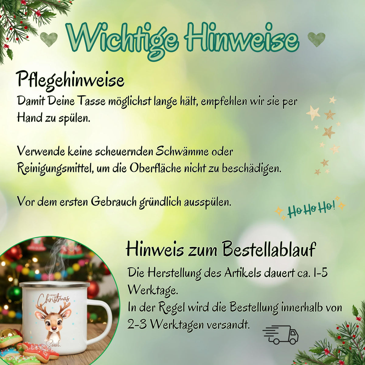Personalisierte Emailletasse für Kinder mit winterlichem Reh‑Motiv und Namen. Die Kindertasse zeigt ein Rehkitz mit Weihnachtsmütze, umgeben von Schneeflocken. Ideal als Weihnachtsgeschenk für Mädchen oder Jungen und perfekte Ergänzung für Adventskalender, Nikolaus oder den Frühstückstisch. Diese robuste Emaille‑Tasse mit Wunschname ist leicht für Kinderhände und macht jeden Kakao‑ oder Teemoment zu einem kleinen Fest. Weihnachtsgeschenk Kind Emailletasse Personalisierte Kindertasse Weihnachten