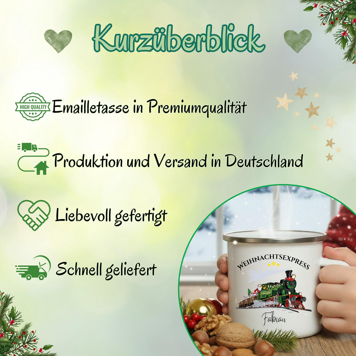 Personalisierte Kindertasse Weihnachten aus Emaille mit Weihnachtszug, Eisenbahn, Weihnachtsmann, Geschenk, Schneelandschaft und Name. Emailletasse personalisiert für Kinder, perfekt als Nikolausgeschenk, Wichtelgeschenk oder Geschenkidee für Weihnachten. Weihnachtsbecher Eisenbahn Motiv, Tasse mit Namen für Jungen und Mädchen. Ideal als Kinderbecher Weihnachten, langlebig, robust und leicht. Weihnachtsbecher mit Namen für Adventskalender oder Heiligabend. Emailletasse Weihnachtszug mit Namen