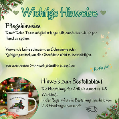 Personalisierte Kindertasse Weihnachten aus Emaille mit Weihnachtszug, Eisenbahn, Weihnachtsmann, Geschenk, Schneelandschaft und Name. Emailletasse personalisiert für Kinder, perfekt als Nikolausgeschenk, Wichtelgeschenk oder Geschenkidee für Weihnachten. Weihnachtsbecher Eisenbahn Motiv, Tasse mit Namen für Jungen und Mädchen. Ideal als Kinderbecher Weihnachten, langlebig, robust und leicht. Weihnachtsbecher mit Namen für Adventskalender oder Heiligabend. Emailletasse Weihnachtszug mit Namen