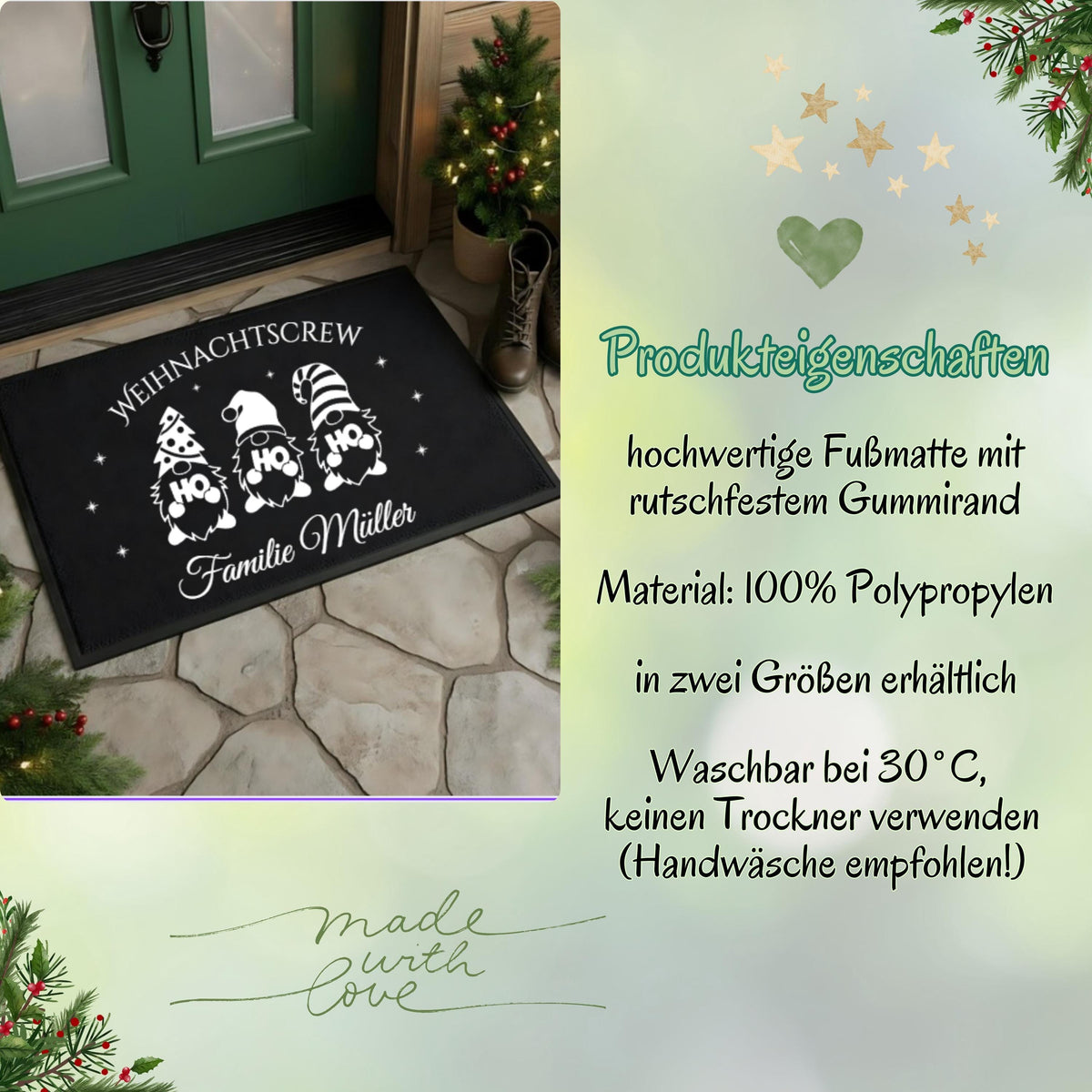 Personalisierte Fußmatte mit Weihnachtsdesign „Weihnachtscrew“ – drei Gnome mit HO HO HO-Motiven und Wunschname der Familie darunter. Diese schwarze Weihnachtsfußmatte ist rutschfest, wetterbeständig und ideal als individuelle Fußmatte für den Eingangsbereich zu Weihnachten. Perfekt als Geschenkidee für Familien, als Weihnachts-Willkommensmatte oder Türmatte mit Namen. Ein festlicher Blickfang für alle, die Weihnachten lieben und den Eingangsbereich dekorativ und persönlich gestalten wollen.