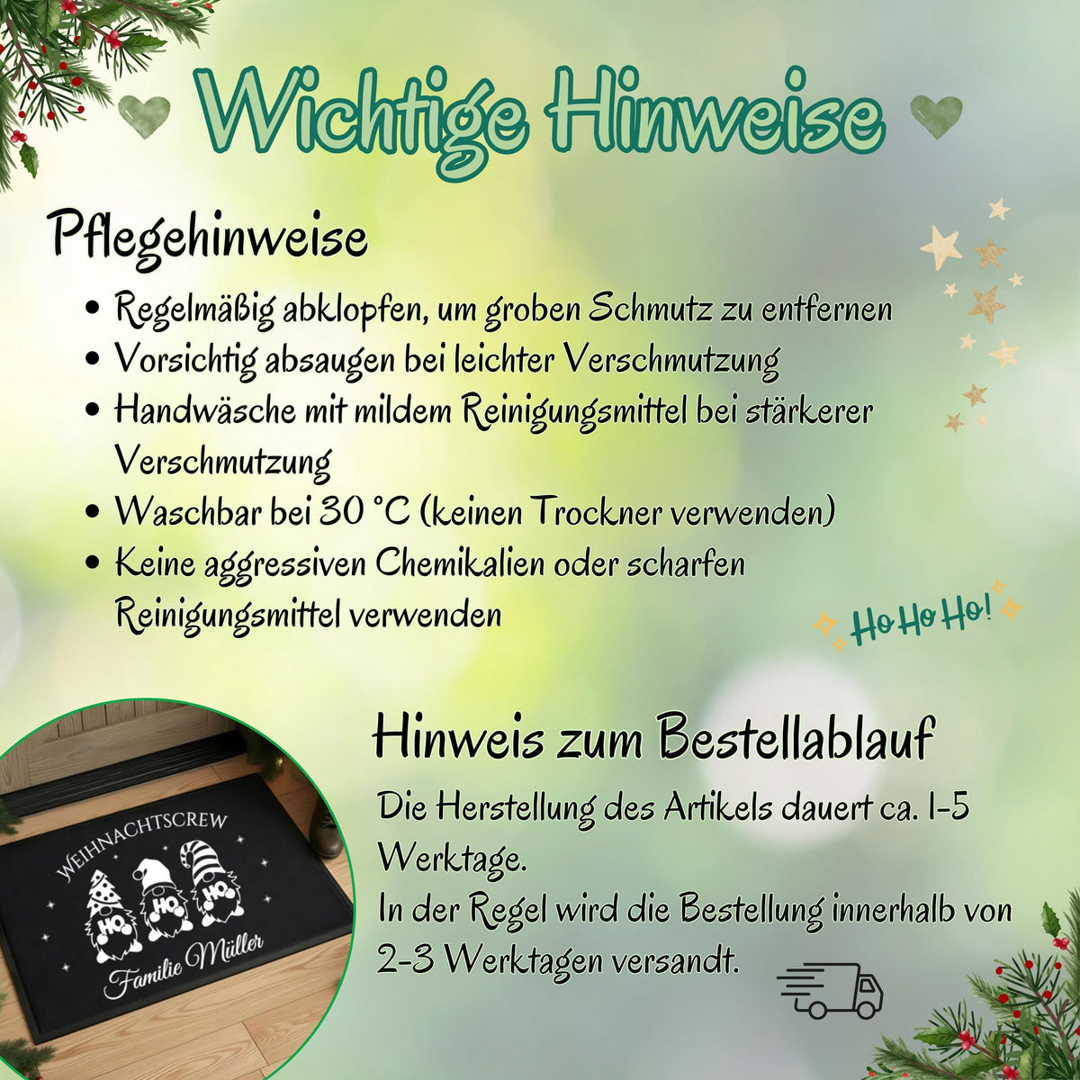 Diese personalisierte Weihnachtsfußmatte mit süßen Wichteln und dem Spruch „Weihnachtscrew“ bringt festliche Stimmung direkt vor die Haustür. Ideal als Türvorleger für den Eingangsbereich – mit individuellem Familiennamen. Die Fußmatte ist perfekt als Weihnachtsdeko, Nikolausgeschenk oder Geschenkidee für Familien mit Kindern, Haustieren oder Besuch. Robuste Qualität, winterliches Design und persönlicher Touch machen sie zum beliebten Deko-Highlight zur Weihnachtszeit.