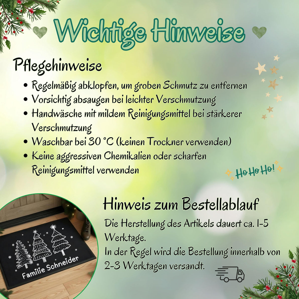 Personalisierte Fußmatte Weihnachten mit Wunschname – liebevoll gestaltete Weihnachtsfußmatte für Familie oder Paare. Diese festliche Türmatte bringt mit winterlichem Tannenbaum-Motiv und Wunschtext Weihnachtsstimmung vor die Haustür. Ideal als Weihnachtsmatte, individuelle Fußmatte mit Namen oder Geschenkidee zu Nikolaus und Advent. Rutschfest, pflegeleicht und in zwei Größen – perfekt für Innenbereich, Flur oder Wohnungstür. Personalisierte Weihnachtsfußmatte mit Namen | Türmatte Weihnachten