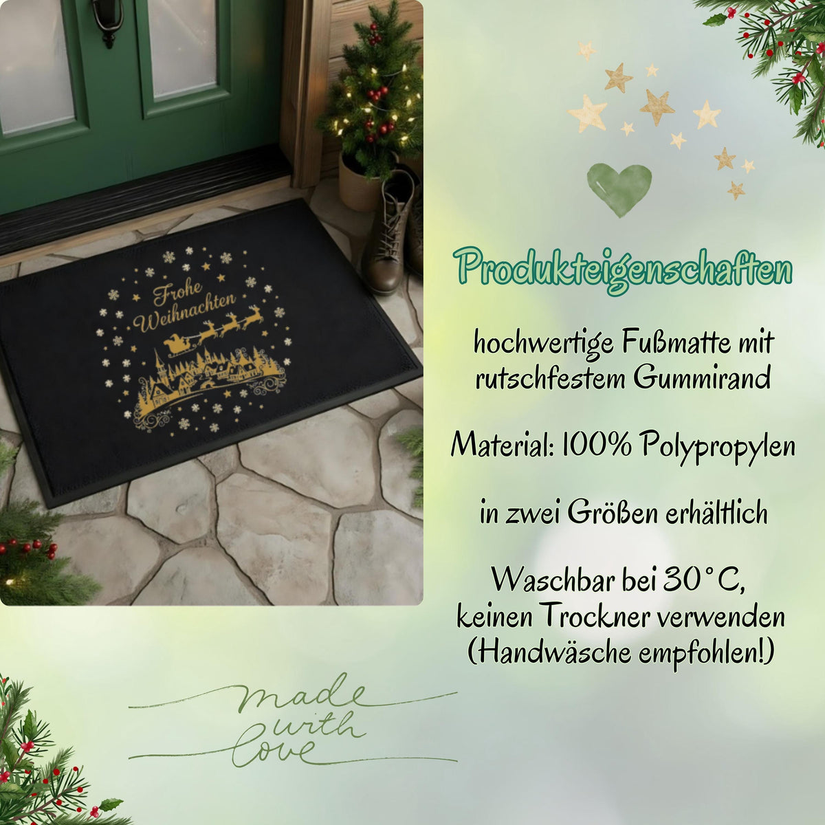 Dekorative Weihnachtsfußmatte mit Schriftzug „Frohe Weihnachten“ und klassischem Winterdorf-Motiv in Goldoptik – festliche Fußmatte Weihnachten für den Eingangsbereich. Die elegante Türmatte zeigt den Weihnachtsmann im Rentierschlitten über einem verschneiten Dorf, eingerahmt von Schneeflocken und Sternen. Ideal als Weihnachtsmatte, Fußmatte für Winterzeit, Geschenkidee für Nachbarn, Flur-Deko oder winterliches Willkommen an der Haustür – rutschfest, pflegeleicht und langlebig.