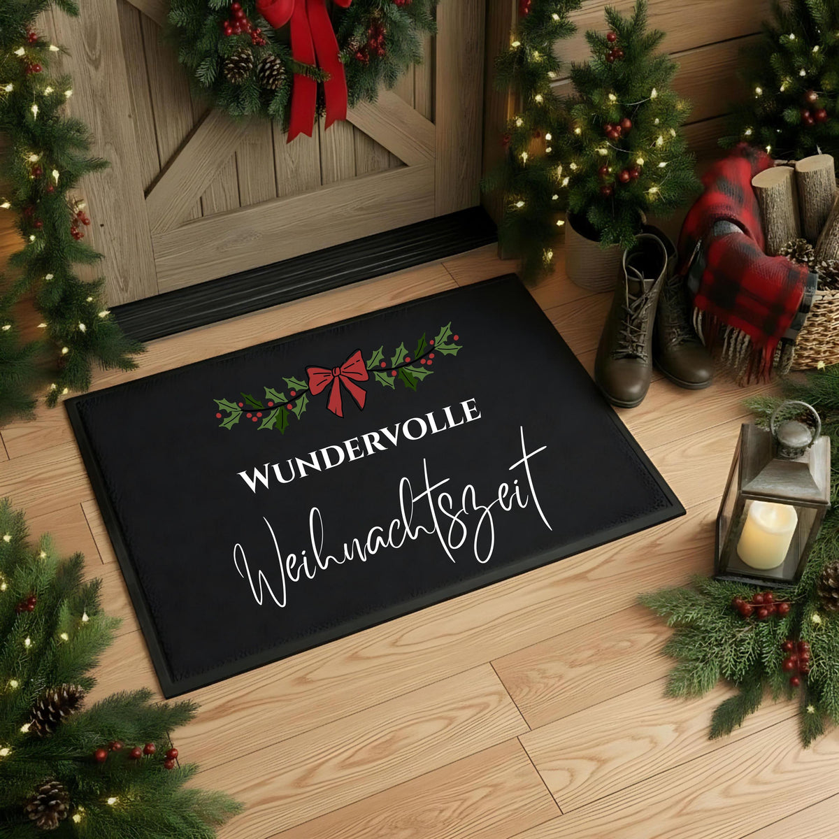 Schwarze Weihnachtsfußmatte „Wundervolle Weihnachtszeit“ auf Holzboden vor einer Holztür mit Tannenkranz. Weißer Schriftzug und ein Beerenzweig mit roter Schleife bilden das Motiv. Beleuchtete Weihnachtsbäume, Stiefel, Korb mit Holz und Karodecke sowie eine Kerzenlaterne umgeben die Matte. Rechteckige Türmatte mit Gummirand, erhältlich in 40 × 60 oder 50 × 70 cm. Oberfläche aus 100 % Polypropylen, für Innenräume und geschützte Außenbereiche. Weihnachtsdeko und Geschenk für Familie, Freunde oder Nachbarn.