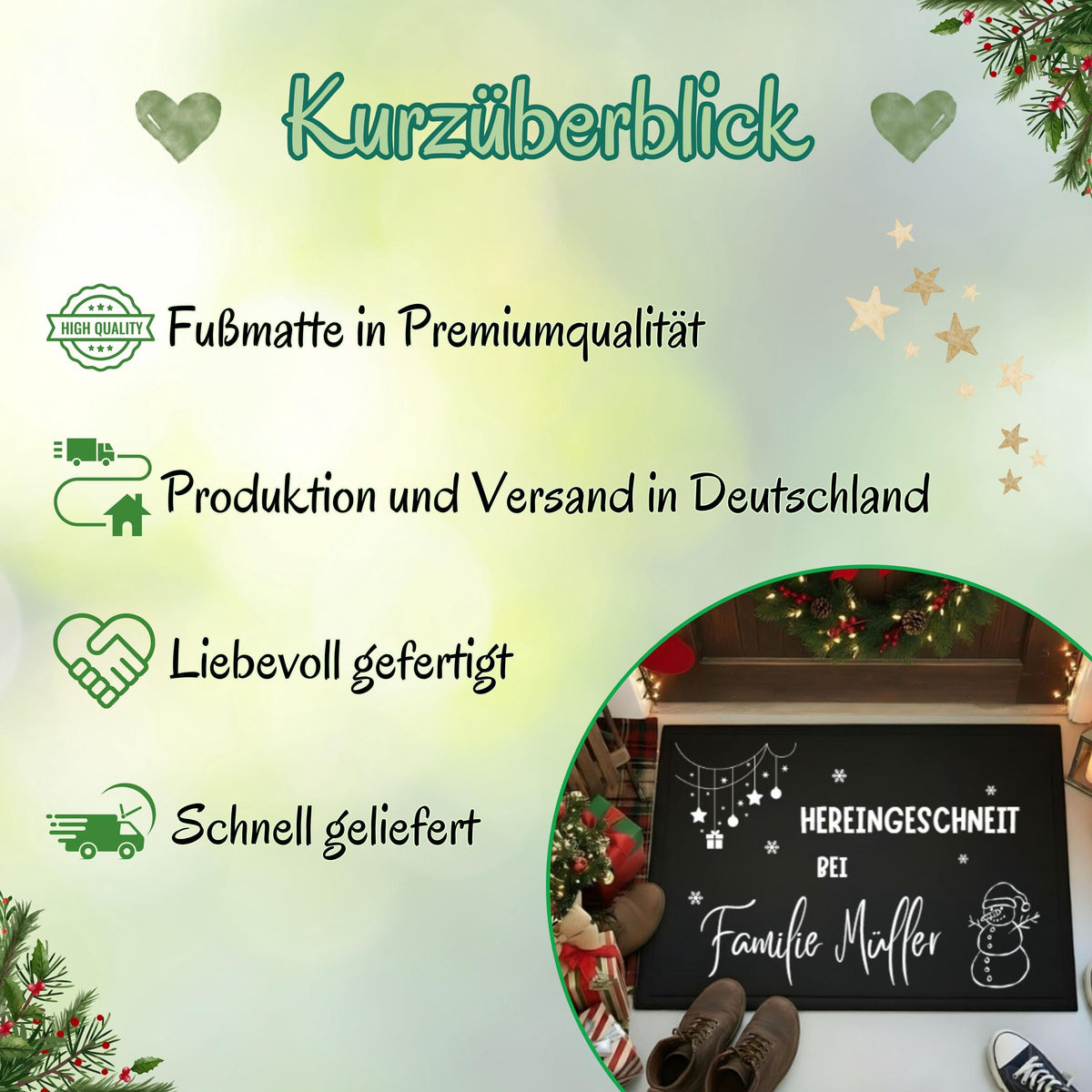 Grüne Infografik „Kurzüberblick“ zur personalisierten Weihnachtsfußmatte „Hereingeschneit bei Familie Müller“. Vier Symbole begleiten die Angaben „Fußmatte in Premiumqualität“, „Produktion und Versand in Deutschland“, „Liebevoll gefertigt“ und „Schnell geliefert“. Ein rundes Foto unten rechts zeigt die schwarze Türmatte mit weißem Namensschriftzug, Schneemann, Schneeflocken und hängendem Weihnachtsschmuck vor einer dekorierten Haustür. Herzen, goldene Sterne und Tannenzweige umrahmen die Produktinformation.