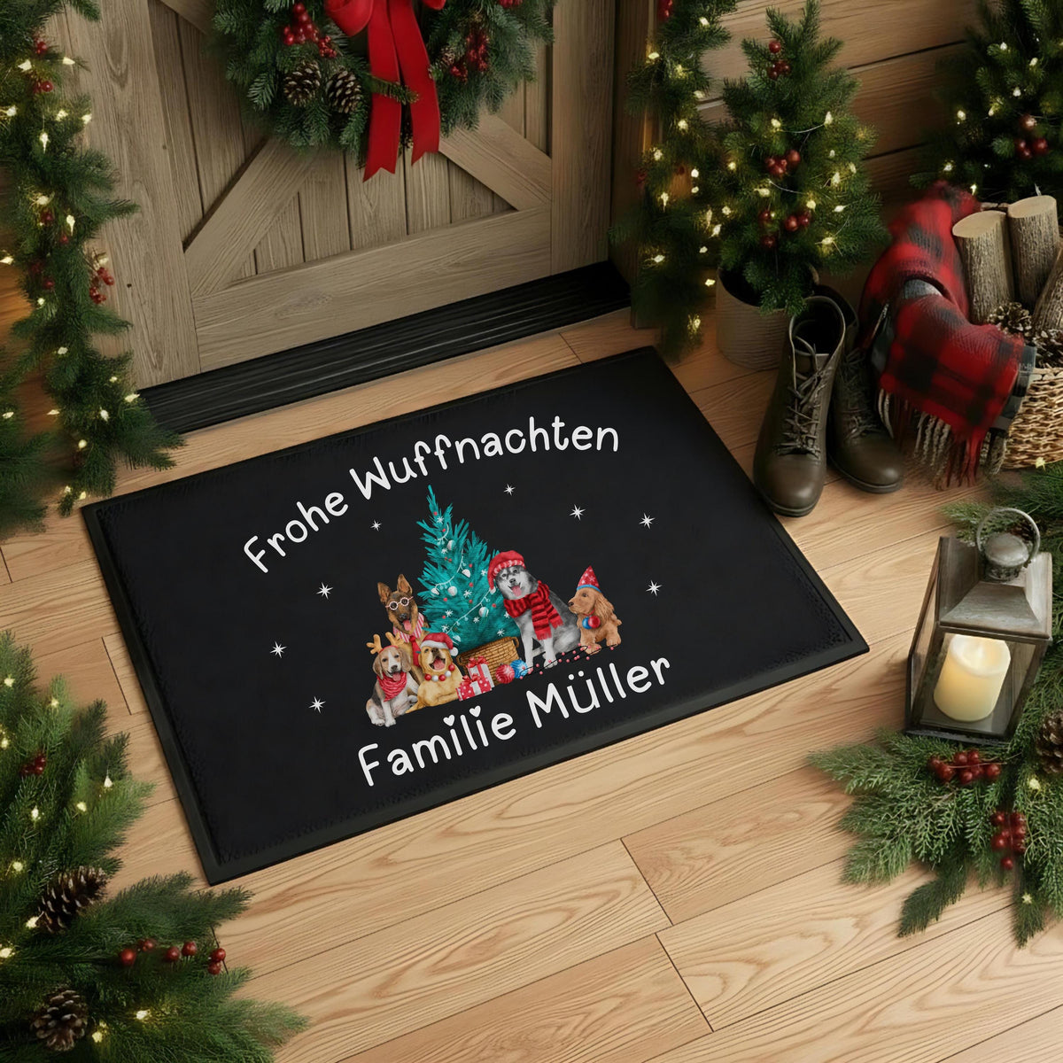 Personalisierte Weihnachtsfußmatte mit Hunden und Wunschname. Türmatte Weihnachten mit niedlichen Hundemotiven, Weihnachtsbaum und Text „Frohe Wuffnachten“. Ideal als festliche Eingangsmatte, Weihnachtsgeschenk für Hundebesitzer, Haustierfreunde oder Familien mit Hund. Robuste, wetterfeste Fußmatte mit Namen, perfekt für Flur, Haustür oder überdachten Außenbereich. Weihnachtstürmatte mit Hundedesign humorvoll, liebevoll, dekorativ.Fußmatte personalisiert mit Hundemotiv Türmatte Weihnachten Hunde