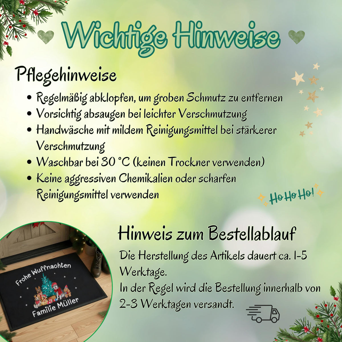 Personalisierte Weihnachtsfußmatte mit Hunden und Wunschname. Türmatte Weihnachten mit niedlichen Hundemotiven, Weihnachtsbaum und Text „Frohe Wuffnachten“. Ideal als festliche Eingangsmatte, Weihnachtsgeschenk für Hundebesitzer, Haustierfreunde oder Familien mit Hund. Robuste, wetterfeste Fußmatte mit Namen, perfekt für Flur, Haustür oder überdachten Außenbereich. Weihnachtstürmatte mit Hundedesign humorvoll, liebevoll, dekorativ.Fußmatte personalisiert mit Hundemotiv Türmatte Weihnachten Hunde