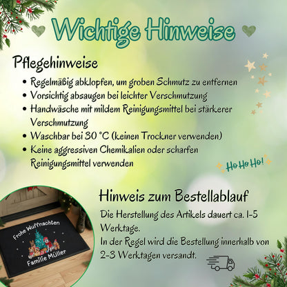 Personalisierte Weihnachtsfußmatte mit Hunden und Wunschname. Türmatte Weihnachten mit niedlichen Hundemotiven, Weihnachtsbaum und Text „Frohe Wuffnachten“. Ideal als festliche Eingangsmatte, Weihnachtsgeschenk für Hundebesitzer, Haustierfreunde oder Familien mit Hund. Robuste, wetterfeste Fußmatte mit Namen, perfekt für Flur, Haustür oder überdachten Außenbereich. Weihnachtstürmatte mit Hundedesign humorvoll, liebevoll, dekorativ.Fußmatte personalisiert mit Hundemotiv Türmatte Weihnachten Hunde