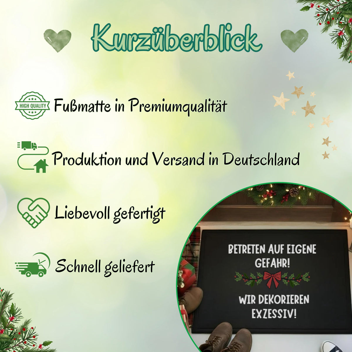 Schwarze Weihnachtsfußmatte mit lustigem Spruch „Betreten auf eigene Gefahr – wir dekorieren exzessiv!“. Ideal als Fußmatte Weihnachten, Türmatte im Eingangsbereich oder als humorvolles Deko-Highlight in der Adventszeit. Die Matte eignet sich perfekt als Geschenkidee für Deko-Fans, Nachbarn oder Kollegen. Wetterfest, rutschfest und pflegeleicht – die perfekte Weihnachts-Willkommensmatte für Wohnungen oder Häuser mit festlicher Stimmung. Ein Blickfang für alle Deko-Enthusiasten zur Winterzeit.