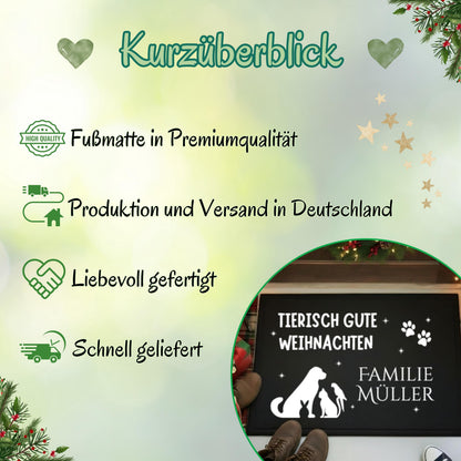 Personalisierte Weihnachtsfußmatte mit Tieren und Familiennamen. Türmatte mit dem Spruch „Tierisch gute Weihnachten“, Silhouetten von Hund, Katze, Kaninchen, Vogel und Pfoten. Festliche, witzige und dekorative Haustier-Fußmatte für Weihnachten. Perfekt als Geschenkidee für Tierfreunde, Familien mit Haustieren oder als personalisierte Deko im Eingangsbereich. Rutschfeste, wetterfeste Türmatte mit Wunschname – ideal für Wohnungen, Häuser & überdachte Außenbereiche.