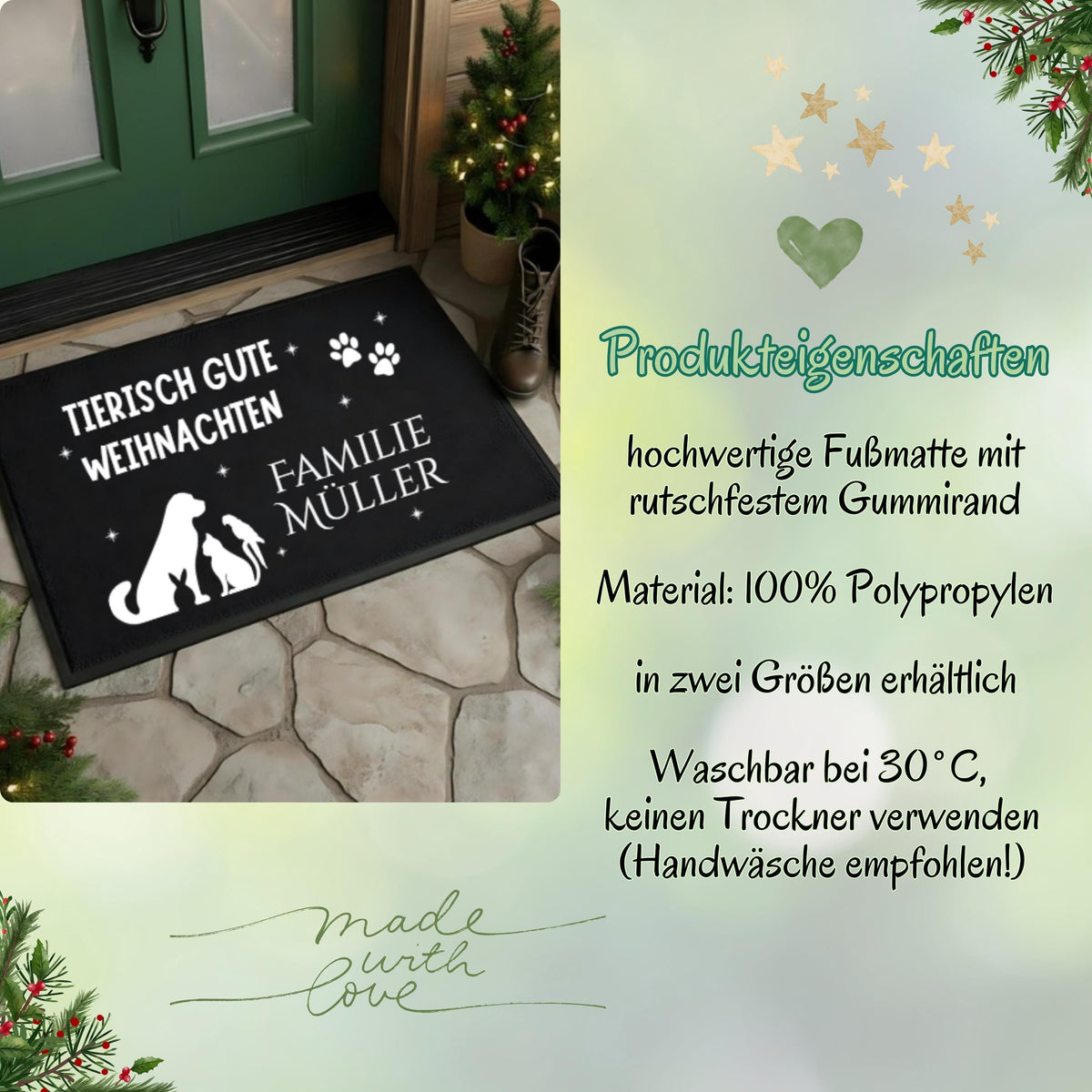 Personalisierte Weihnachtsfußmatte mit Tieren und Familiennamen. Türmatte mit dem Spruch „Tierisch gute Weihnachten“, Silhouetten von Hund, Katze, Kaninchen, Vogel und Pfoten. Festliche, witzige und dekorative Haustier-Fußmatte für Weihnachten. Perfekt als Geschenkidee für Tierfreunde, Familien mit Haustieren oder als personalisierte Deko im Eingangsbereich. Rutschfeste, wetterfeste Türmatte mit Wunschname – ideal für Wohnungen, Häuser & überdachte Außenbereiche.