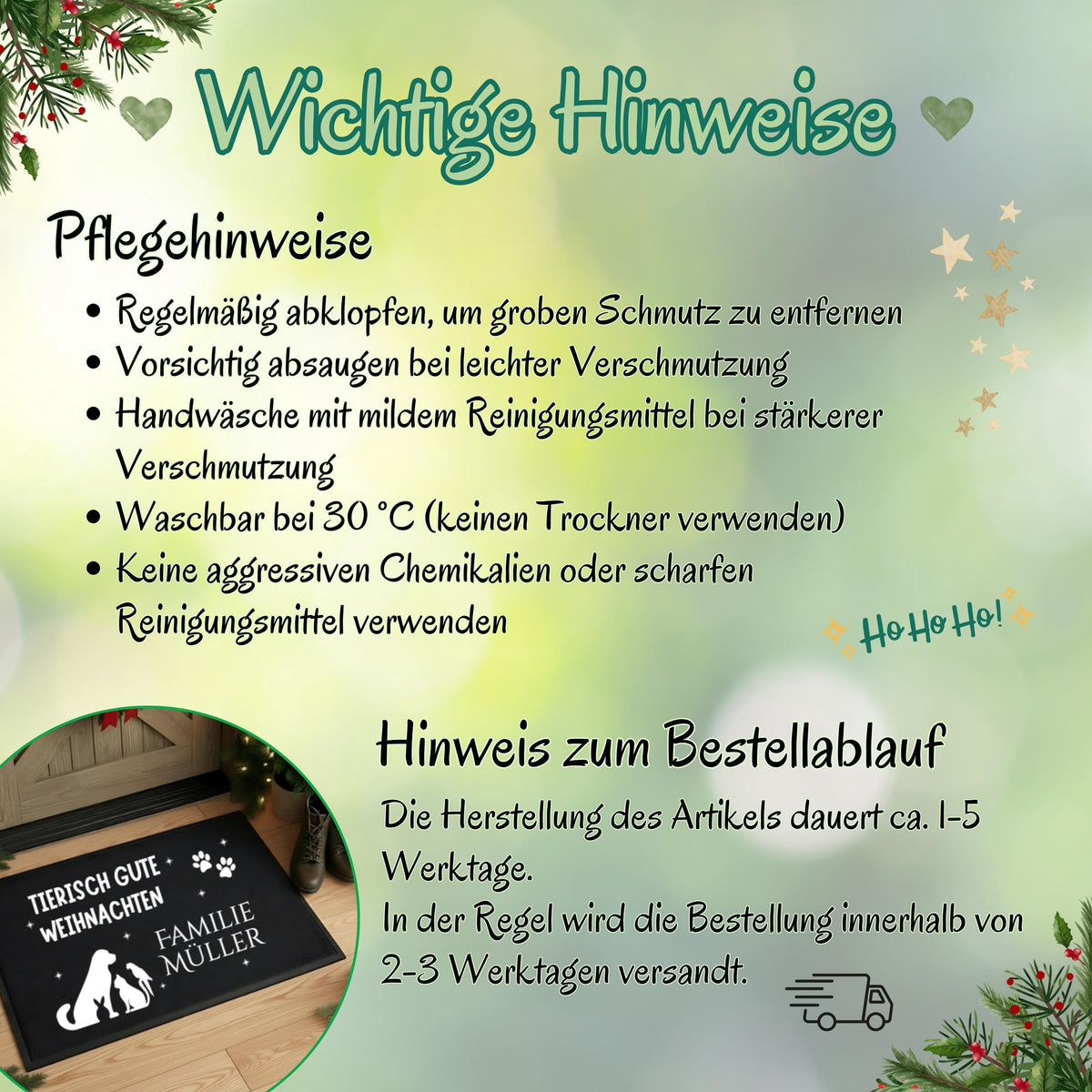 Personalisierte Weihnachtsfußmatte mit Tieren und Familiennamen. Türmatte mit dem Spruch „Tierisch gute Weihnachten“, Silhouetten von Hund, Katze, Kaninchen, Vogel und Pfoten. Festliche, witzige und dekorative Haustier-Fußmatte für Weihnachten. Perfekt als Geschenkidee für Tierfreunde, Familien mit Haustieren oder als personalisierte Deko im Eingangsbereich. Rutschfeste, wetterfeste Türmatte mit Wunschname – ideal für Wohnungen, Häuser & überdachte Außenbereiche.