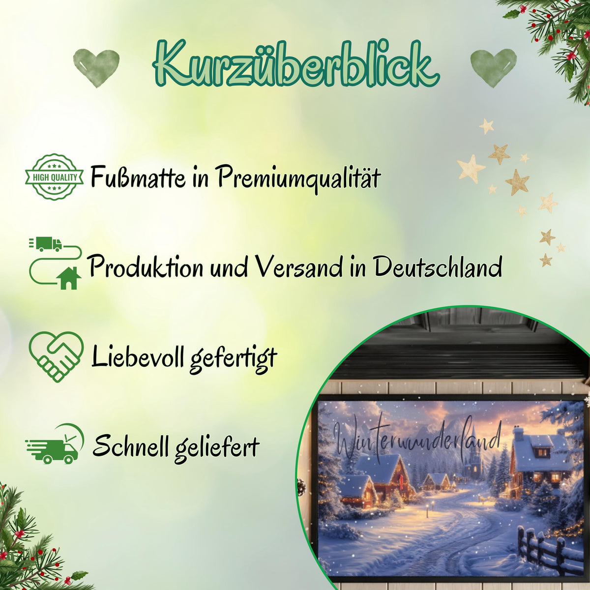 Weihnachtsfußmatte Winterwunderland mit winterlicher Landschaft, verschneiten Häusern und festlicher Beleuchtung. Die Türmatte Weihnachten ist ideal für den Eingangsbereich und schafft eine gemütliche, festliche Atmosphäre – perfekt als Geschenkidee zu Weihnachten oder als stimmungsvolle Deko für Flur, Hausflur oder Wohnung. Fußmatte ohne Personalisierung, robust, pflegeleicht, winterlich gestaltet. Ideal für Familien, Nachbarn, Kollegen. Türmatte Weihnachtsmotiv Winterwunderland