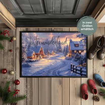 Weihnachtsfußmatte Winterwunderland mit winterlicher Landschaft, verschneiten Häusern und festlicher Beleuchtung. Die Türmatte Weihnachten ist ideal für den Eingangsbereich und schafft eine gemütliche, festliche Atmosphäre – perfekt als Geschenkidee zu Weihnachten oder als stimmungsvolle Deko für Flur, Hausflur oder Wohnung. Fußmatte ohne Personalisierung, robust, pflegeleicht, winterlich gestaltet. Ideal für Familien, Nachbarn, Kollegen. Türmatte Weihnachtsmotiv Winterwunderland