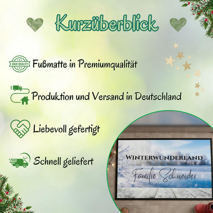 Personalisierte Weihnachtsfußmatte mit dem Schriftzug „Winterwunderland“ und Familiennamen, winterliches Design mit Frost und Schneelandschaft. Diese Türmatte Weihnachten eignet sich ideal als festliche Dekoration für den Eingangsbereich und als Geschenkidee zur Weihnachtszeit. Die rutschfeste, pflegeleichte Fußmatte ist perfekt für Innenräume oder überdachte Außenbereiche. Winterliche Türmatte mit Namen – personalisierbar, hochwertig, robust und ein weihnachtlicher Blickfang für Familien