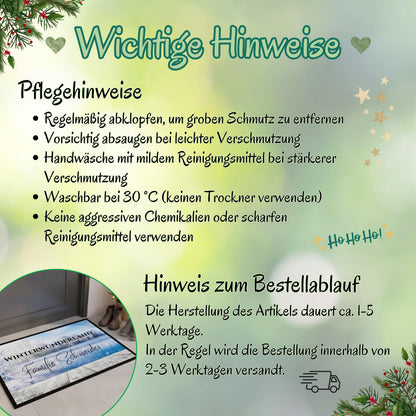 Personalisierte Weihnachtsfußmatte mit dem Schriftzug „Winterwunderland“ und Familiennamen, winterliches Design mit Frost und Schneelandschaft. Diese Türmatte Weihnachten eignet sich ideal als festliche Dekoration für den Eingangsbereich und als Geschenkidee zur Weihnachtszeit. Die rutschfeste, pflegeleichte Fußmatte ist perfekt für Innenräume oder überdachte Außenbereiche. Winterliche Türmatte mit Namen – personalisierbar, hochwertig, robust und ein weihnachtlicher Blickfang für Familien