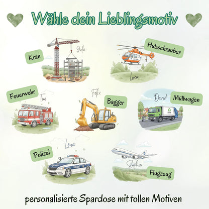 Spardose Fahrzeuge personalisiert mit Namen | Kinderspardose Junge | Geschenk Geburt