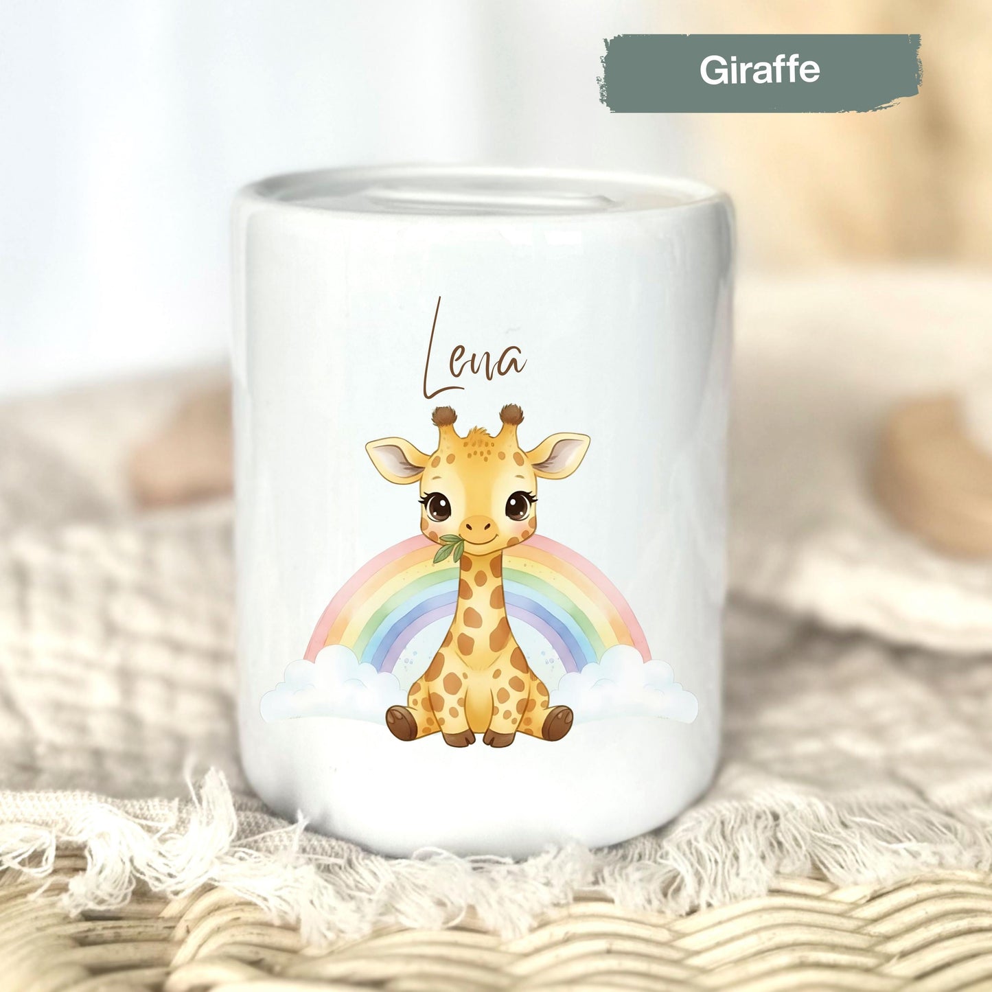 Spardose Tiere personalisiert mit Namen | Kinderspardose Löwe Giraffe Bär | Geschenk Geburt Taufe Geburtstag