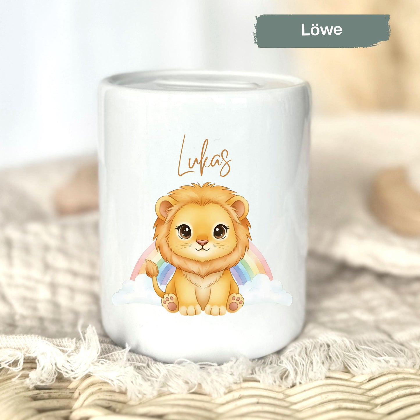 Spardose Tiere personalisiert mit Namen | Kinderspardose Löwe Giraffe Bär | Geschenk Geburt Taufe Geburtstag