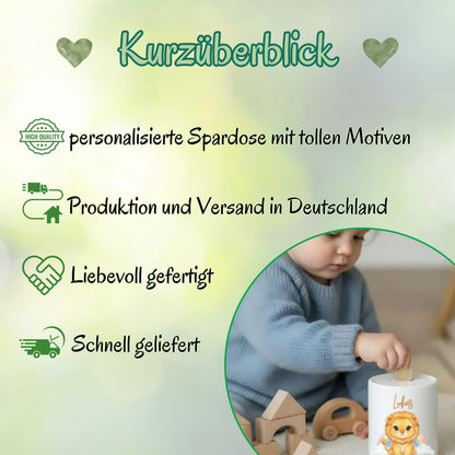 Spardose Tiere personalisiert mit Namen | Kinderspardose Löwe Giraffe Bär | Geschenk Geburt Taufe Geburtstag