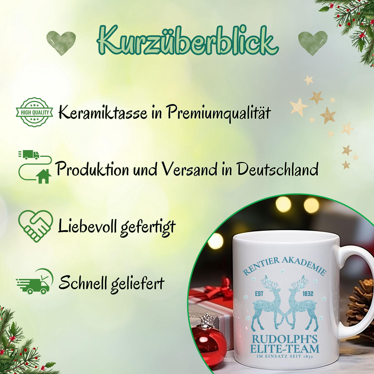 Lustige Weihnachtstasse mit Rentier-Motiv „Rentier Akademie – Rudolph’s Elite-Team“ in winterlichem Design. Geschenkidee für Weihnachten, ideal für Familie, Freunde, Kollegen. Perfekt für Kaffee, Tee, Glühwein oder heiße Schokolade. Spülmaschinenfest, mikrowellengeeignet & beidseitig bedruckt. Winterbecher mit Schneeflocken & Rentieren – ideal als Wichtelgeschenk, Weihnachtsgeschenk, Nikolausüberraschung oder fürs Büro. Hochwertiger Druck, nachhaltige Produktion in Deutschland. Weihnachtstasse