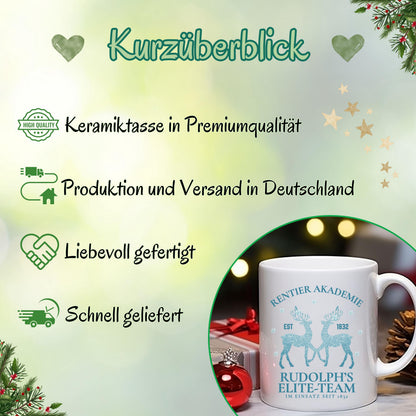 Lustige Weihnachtstasse mit Rentier-Motiv „Rentier Akademie – Rudolph’s Elite-Team“ in winterlichem Design. Geschenkidee für Weihnachten, ideal für Familie, Freunde, Kollegen. Perfekt für Kaffee, Tee, Glühwein oder heiße Schokolade. Spülmaschinenfest, mikrowellengeeignet & beidseitig bedruckt. Winterbecher mit Schneeflocken & Rentieren – ideal als Wichtelgeschenk, Weihnachtsgeschenk, Nikolausüberraschung oder fürs Büro. Hochwertiger Druck, nachhaltige Produktion in Deutschland. Weihnachtstasse