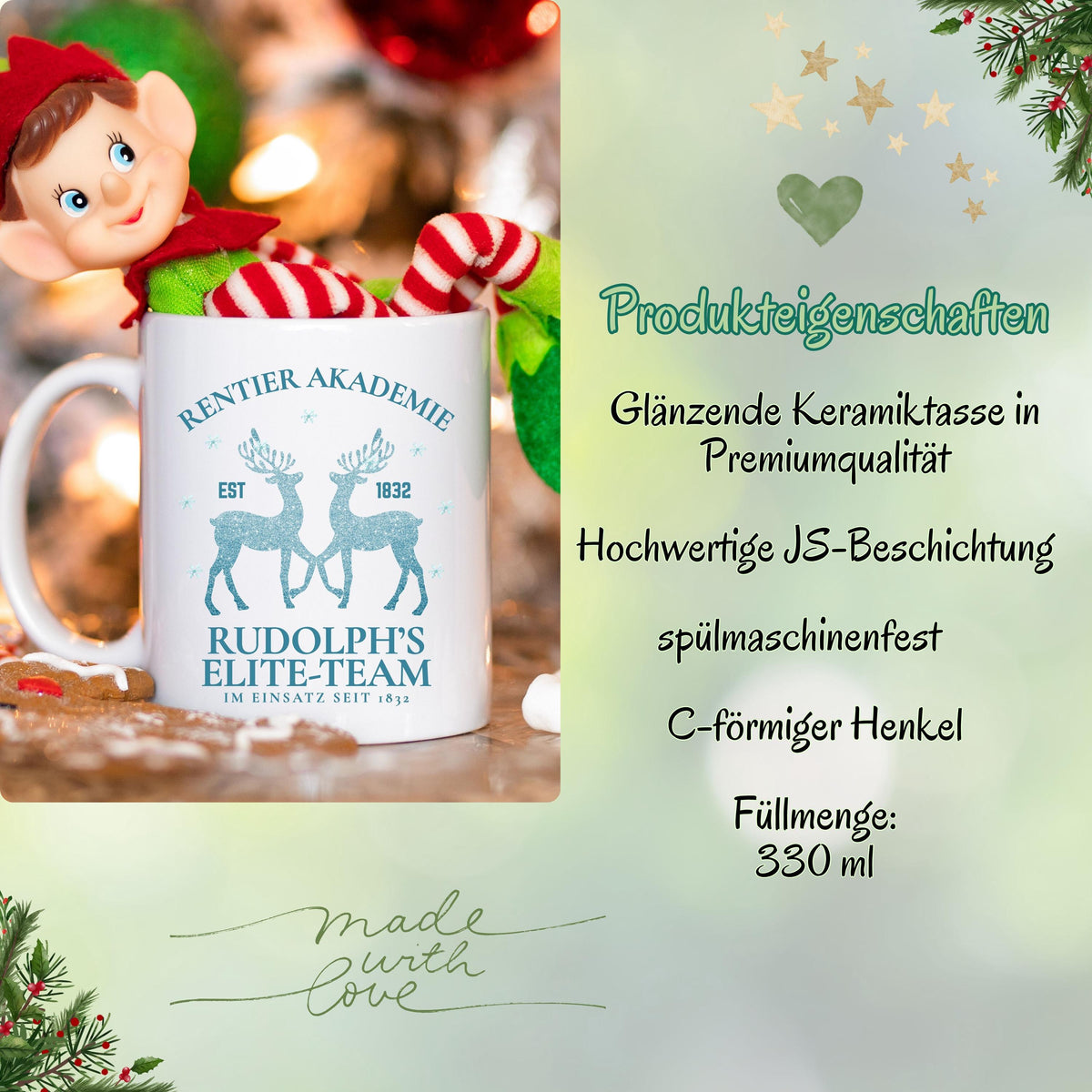 Lustige Weihnachtstasse mit Rentier-Motiv „Rentier Akademie – Rudolph’s Elite-Team“ in winterlichem Design. Geschenkidee für Weihnachten, ideal für Familie, Freunde, Kollegen. Perfekt für Kaffee, Tee, Glühwein oder heiße Schokolade. Spülmaschinenfest, mikrowellengeeignet & beidseitig bedruckt. Winterbecher mit Schneeflocken & Rentieren – ideal als Wichtelgeschenk, Weihnachtsgeschenk, Nikolausüberraschung oder fürs Büro. Hochwertiger Druck, nachhaltige Produktion in Deutschland. Weihnachtstasse