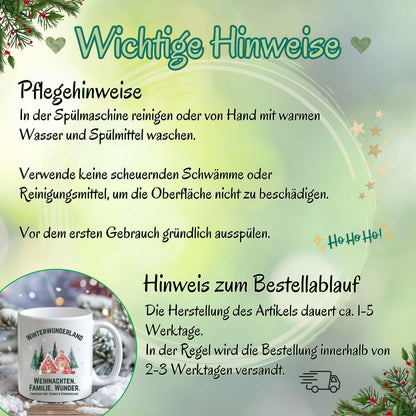 Weihnachtstasse mit Winterwunderland-Motiv und Spruch „Weihnachten. Familie. Wunder.“ – Geschenkidee für Weihnachten, Advent & Winter. Ideal für Familie, Freunde oder Kollegen. Die Tasse zeigt verschneite Häuser, Tannen & Schneeflocken – perfekt für Kaffee, Tee, Kakao oder Glühwein. Hochwertiger Druck, spülmaschinenfest, mikrowellengeeignet. Weihnachtsbecher mit emotionaler Botschaft – für festliche Momente, gemütliche Kaffeepausen oder als liebevolles Geschenk zur Weihnachtszeit. Winterbecher