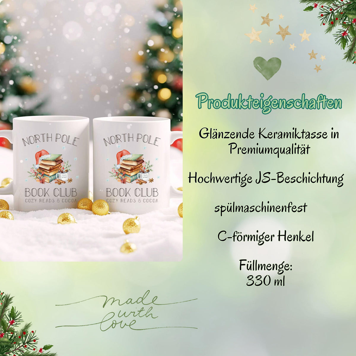 Weihnachtstasse „North Pole Book Club“ mit winterlichem Bücher-Motiv – perfektes Geschenk für Buchliebhaber, Leseratten und Weihnachtsfans. Die Tasse zeigt einen festlich dekorierten Bücherstapel mit Weihnachtsmütze, umgeben von winterlichen Elementen. Ideal als Geschenkidee zu Weihnachten für Vielleser, Buchclub-Mitglieder, Literaturfreunde, Kolleginnen oder Lehrerinnen. Ein liebevolles Präsent für Advent, Nikolaus oder Heiligabend – für gemütliche Lesemomente mit Kakao, Tee oder Kaffee