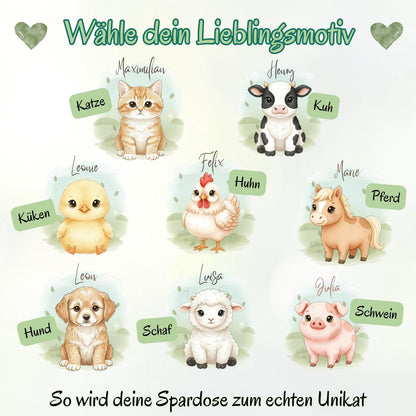 Spardose Tiere personalisiert mit Namen | Kinderspardose Bauernhof | Geschenk Geburt Taufe Geburtstag Weihnachten