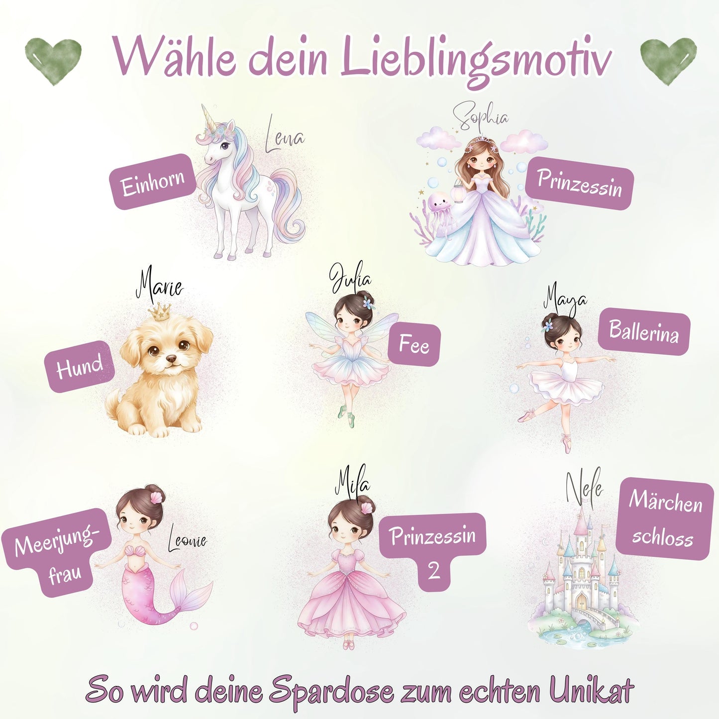 Spardose Mädchen personalisiert mit Namen | Kinderspardose Einhorn Prinzessin | Geschenk Geburt Taufe Geburtstag