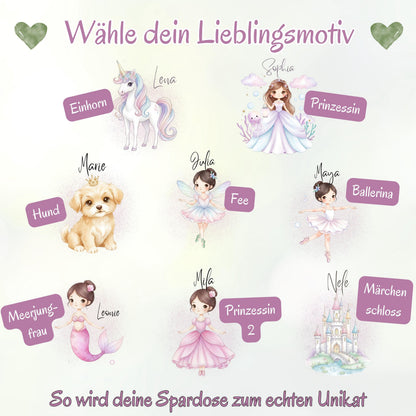 Spardose Mädchen personalisiert mit Namen | Kinderspardose Einhorn Prinzessin | Geschenk Geburt Taufe Geburtstag