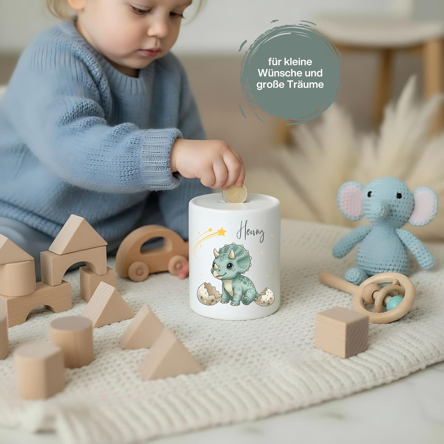 Spardose Dino personalisiert mit Namen | Kinderspardose Dinosaurier | Geschenk Geburt