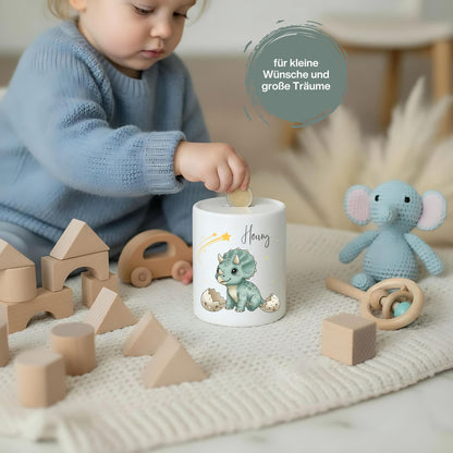 Spardose Dino personalisiert mit Namen | Kinderspardose Dinosaurier | Geschenk Geburt