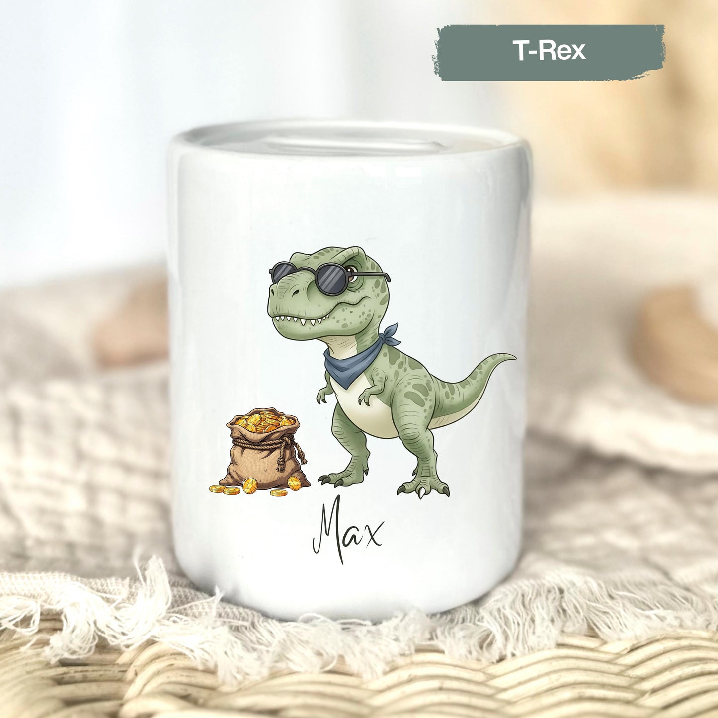 Spardose Dino personalisiert mit Namen | Kinderspardose Dinosaurier | Geschenk Geburt