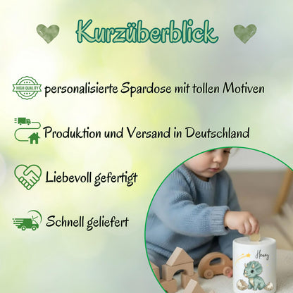 Spardose Dino personalisiert mit Namen | Kinderspardose Dinosaurier | Geschenk Geburt