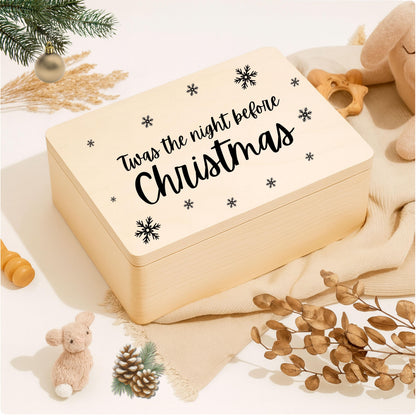 Weihnachtliche Geschenkbox aus Holz mit dem Schriftzug „Twas the night before Christmas“. Perfekt als Christmas Eve Box zum Befüllen für Kinder – für kleine Überraschungen, weihnachtliche Rituale und magische Momente am 24. Dezember. Hochwertige Holzkiste ohne Inhalt, ideal für Weihnachten, Heiligabend, DIY-Geschenke und neue Familientraditionen. Nachhaltig, personalisierbar, liebevoll verarbeitet. Christmas Eve Box aus Holz Weihnachtsabendbox | Geschenkbox Weihnachten