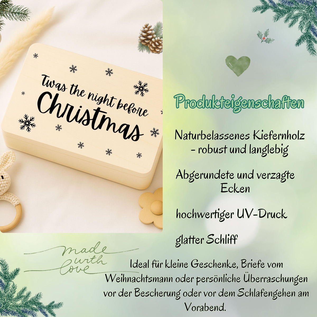 Weihnachtliche Geschenkbox aus Holz mit dem Schriftzug „Twas the night before Christmas“. Perfekt als Christmas Eve Box zum Befüllen für Kinder – für kleine Überraschungen, weihnachtliche Rituale und magische Momente am 24. Dezember. Hochwertige Holzkiste ohne Inhalt, ideal für Weihnachten, Heiligabend, DIY-Geschenke und neue Familientraditionen. Nachhaltig, personalisierbar, liebevoll verarbeitet. Christmas Eve Box aus Holz Weihnachtsabendbox | Geschenkbox Weihnachten