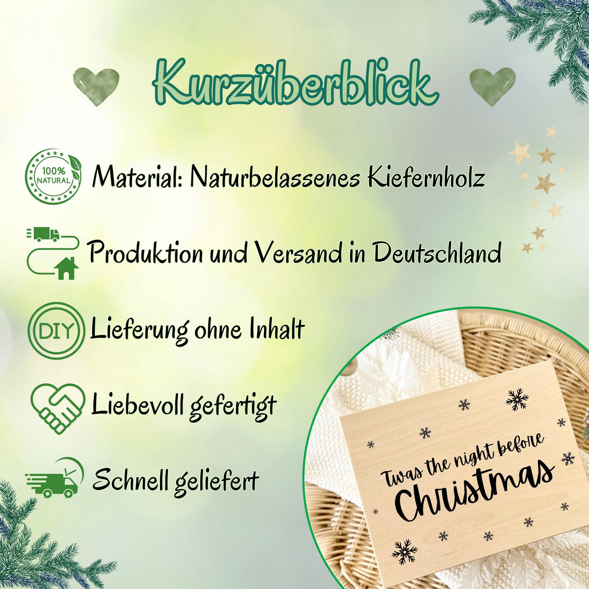 Weihnachtliche Geschenkbox aus Holz mit dem Schriftzug „Twas the night before Christmas“. Perfekt als Christmas Eve Box zum Befüllen für Kinder – für kleine Überraschungen, weihnachtliche Rituale und magische Momente am 24. Dezember. Hochwertige Holzkiste ohne Inhalt, ideal für Weihnachten, Heiligabend, DIY-Geschenke und neue Familientraditionen. Nachhaltig, personalisierbar, liebevoll verarbeitet. Christmas Eve Box aus Holz Weihnachtsabendbox | Geschenkbox Weihnachten